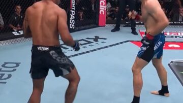 Matthieu Duclos and Luis Felipe Dias exchanging strikes during their UFC Paris fight