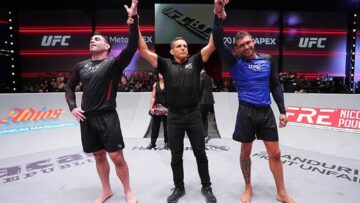 Mikey Musumeci has his hand raised after defeating Bryce Mitchell at UFC BJJ 11.