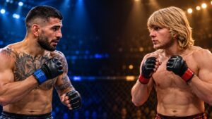 Ilia Topuria and Paddy Pimblett pictured for a possible UFC matchup