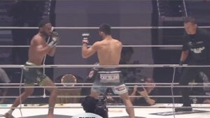 AJ McKee faces Razhabali Shaidulloev during their Super RIZIN 5 title fight