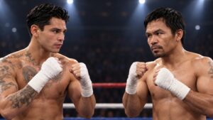 Ryan Garcia and Manny Pacquiao face each other in a boxing ring illustration