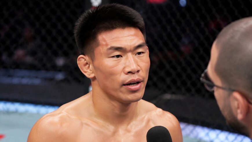 Song Yadong discusses his UFC Shanghai knockout win in a post-fight interview setting