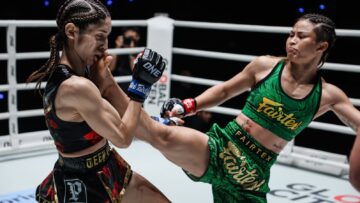 Stamp Fairtex kicks Selina Flores during their ONE Fight Night 47 main event