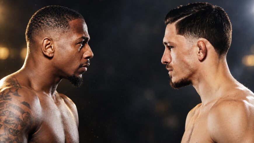 Taylor Lapilus and Mitch McKee pictured for their PFL Lyon bantamweight title fight