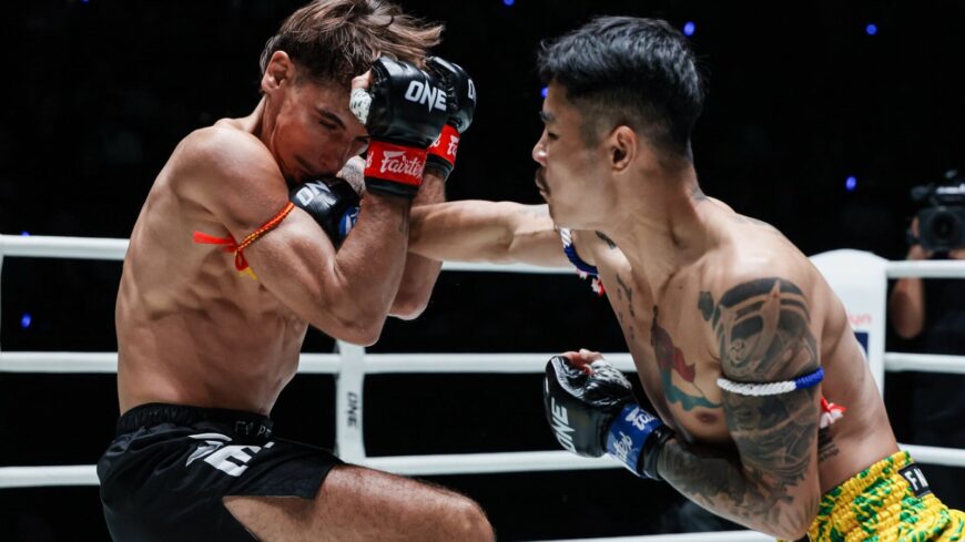 Thway Lin Htet punches Xavier Gonzalez during their ONE Friday Fights 170 Muay Thai bout