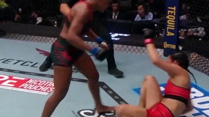 Tina Black lands during the finishing sequence against Melissa Amaya at UFC Vegas 121
