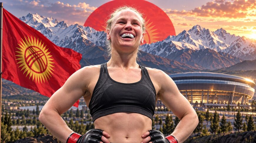 Valentina Shevchenko pictured with Kyrgyzstan mountains and an arena