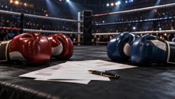 Boxing gloves and contract papers representing WBO title negotiations between Zhanibek Alimkhanuly and Jacob Bank