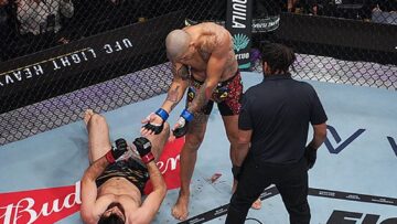 Alex Pereira stands over Ciryl Gane during their UFC Freedom 250 heavyweight fight