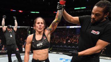 Liz Carmouche has her hand raised in an archive UFC photograph