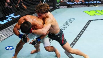 Lone’er Kavanagh attacks Ramazan Temirov during their UFC 333 flyweight bout in Abu Dhabi