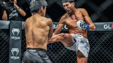 Nabil Anane kicks Yuki Yoza during ONE SAMURAI 4 in Tokyo