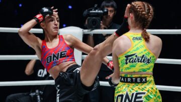 Olivia Bahsous throws a kick toward Malia Weaver during their October16 Muay Thai bout